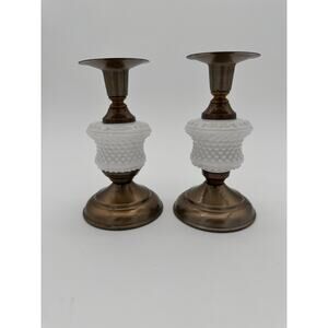 Vtg Pair of HOBNAIL MILK GLASS BRASS Candle stick Matching SET pair - VINTAGE